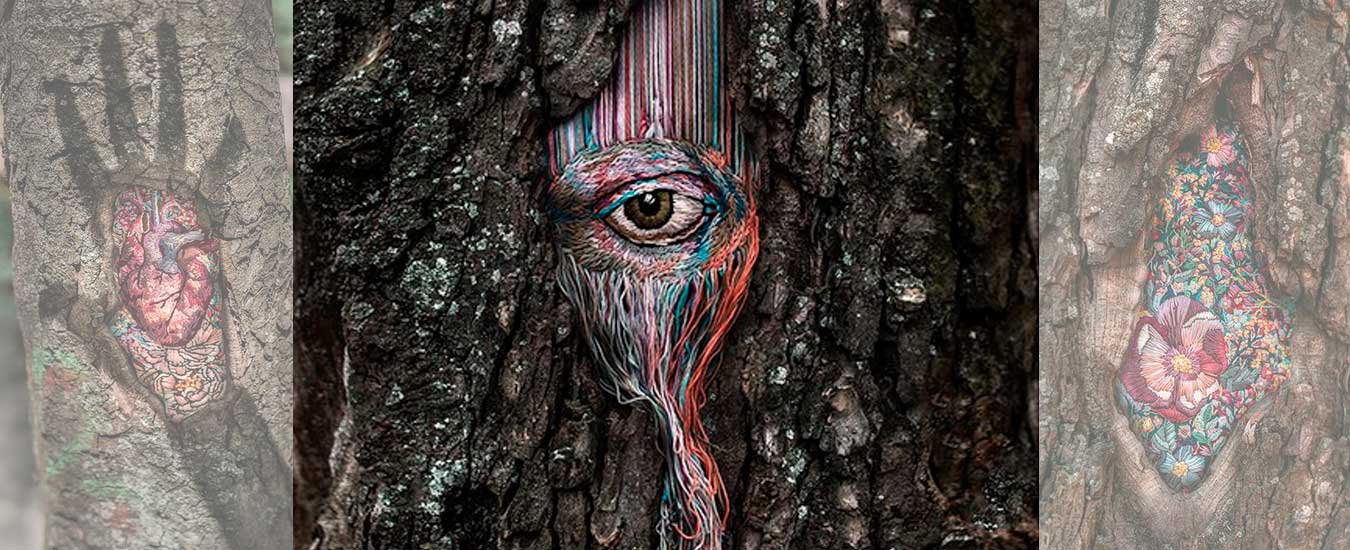 Artista cria lindos padrões bordados em árvores