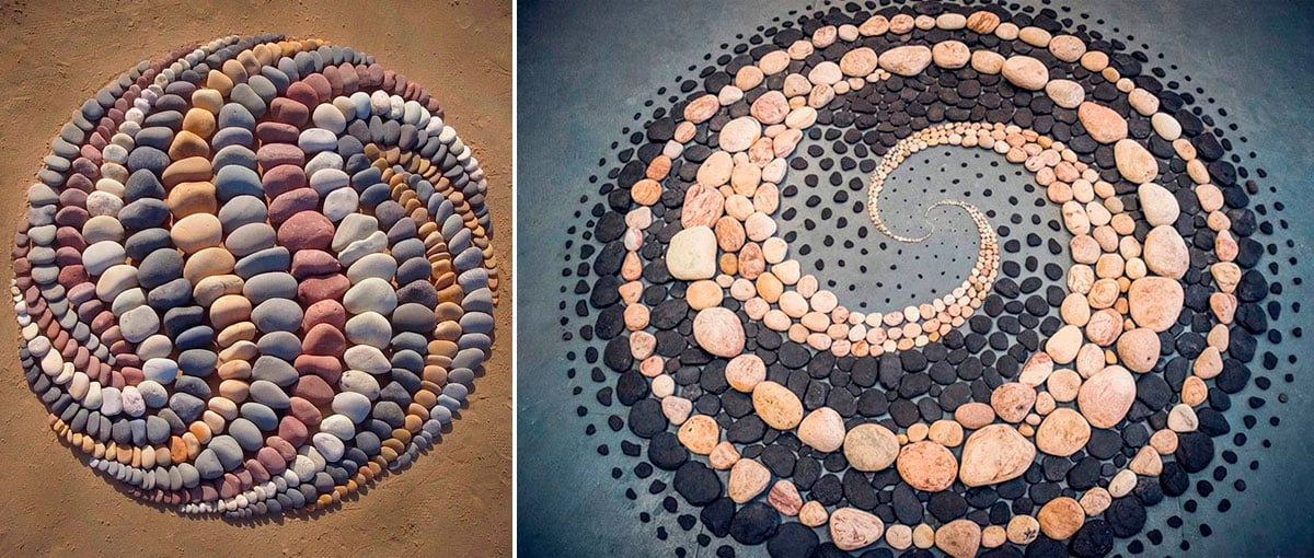 Artista combina pedras da praia para criar figuras geométricas
