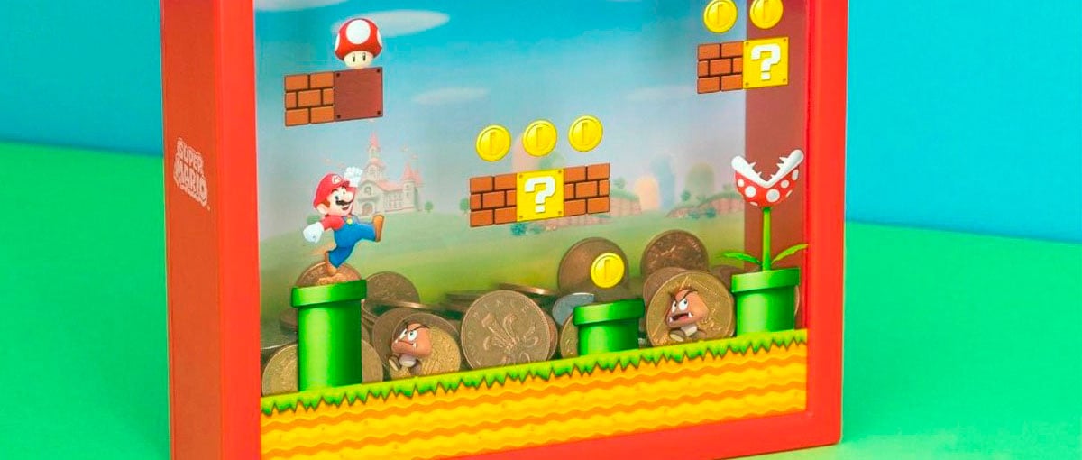 Um pequeno banco de moedas do Super Mario
