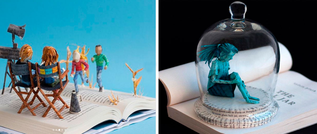 Esculturas de papel sobre livros que refletem a narrativa