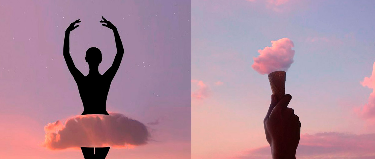 Silhuetas e nuvens coloridas formam artes surreais