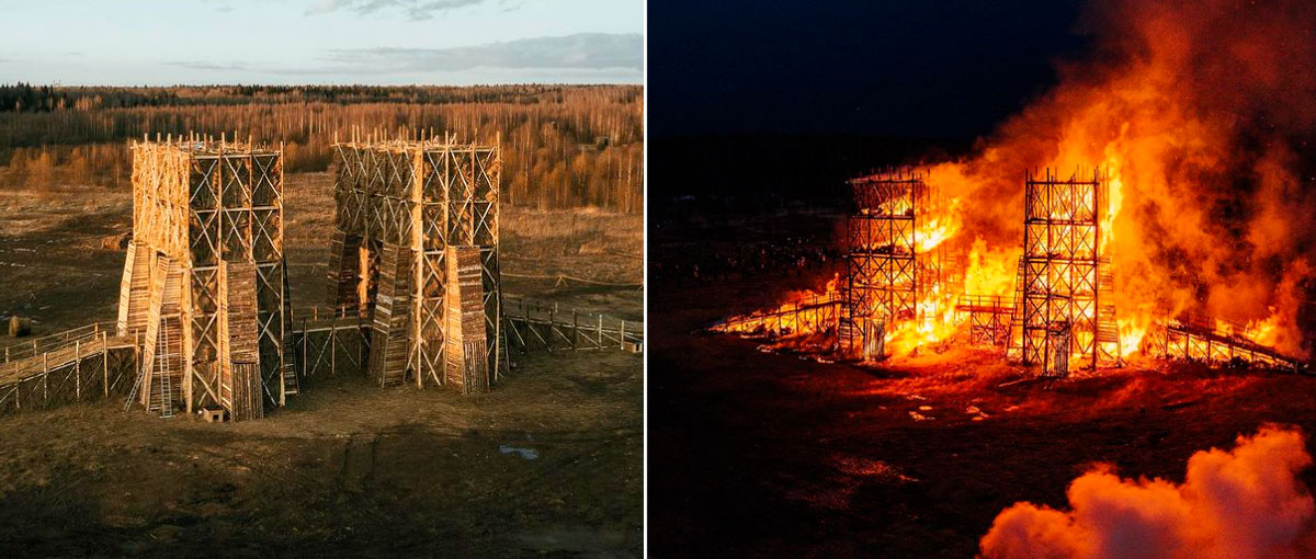 Ponte gigante de madeira é incendiada para celebrar primavera em cidade na Rússia