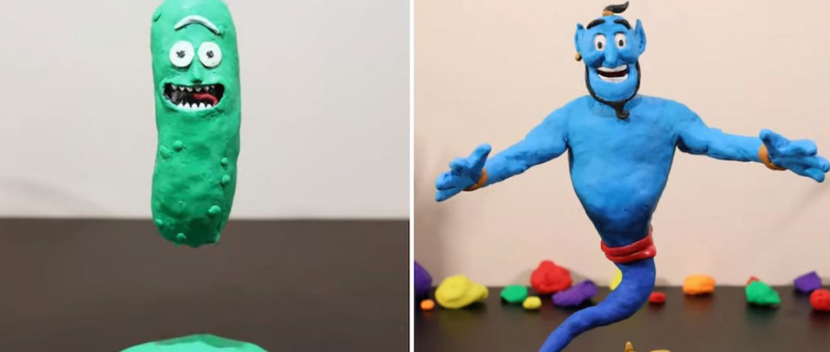 Personagens azuis e verdes em vídeos stop-motion de massinha