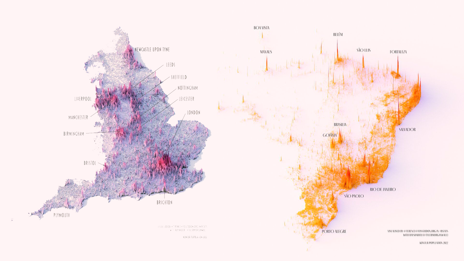 A densidade populacional de países em torno do mundo em mapas 3D