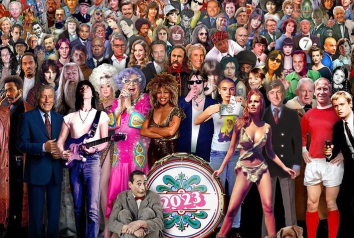 Uma bela montagem temática de Sgt. Pepper's com celebridades que faleceram em 2023