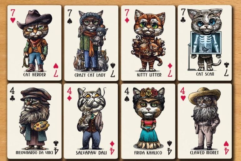 Um baralho de cartas de gatos estilizados e com nomes engraçados