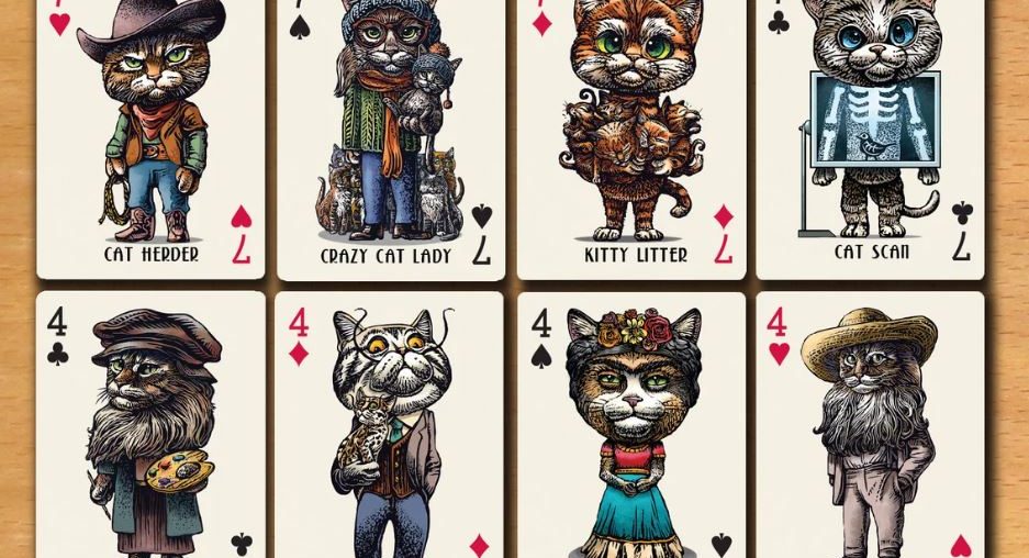 Um baralho de cartas de gatos estilizados e com nomes engraçados