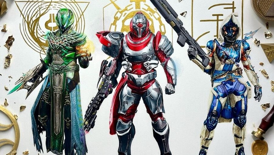 Personagens de Destiny e outros da ficção científica em lápis de cor