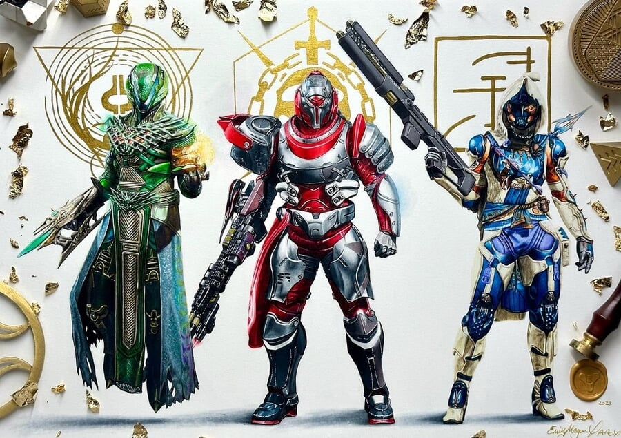 Personagens de Destiny e outros da ficção científica em lápis de cor