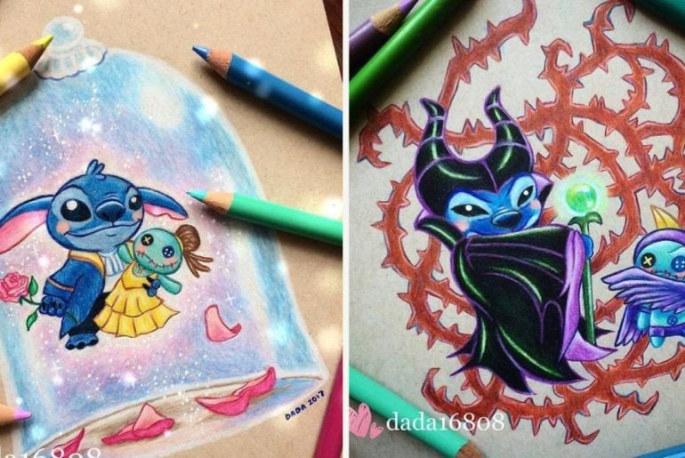 Stitch ganha desenhos coloridos à lápis pela artista Dada