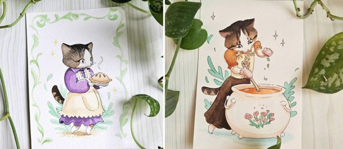 Gatinhos e animais pintados em aquarela, pelo artista Threeleaves 