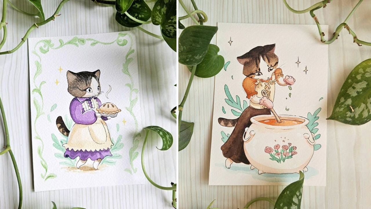 Gatinhos e animais pintados em aquarela, pelo artista Threeleaves 