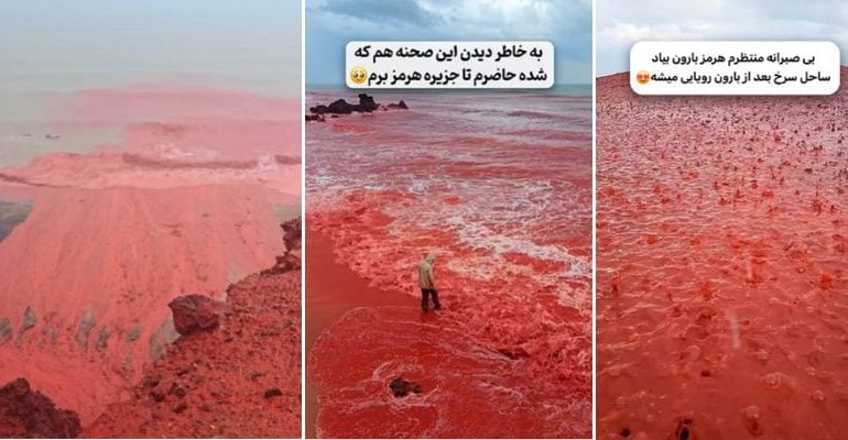 Vídeo mostra chuva ‘sangrando’ em uma ilha com praia de areia vermelha no Irã