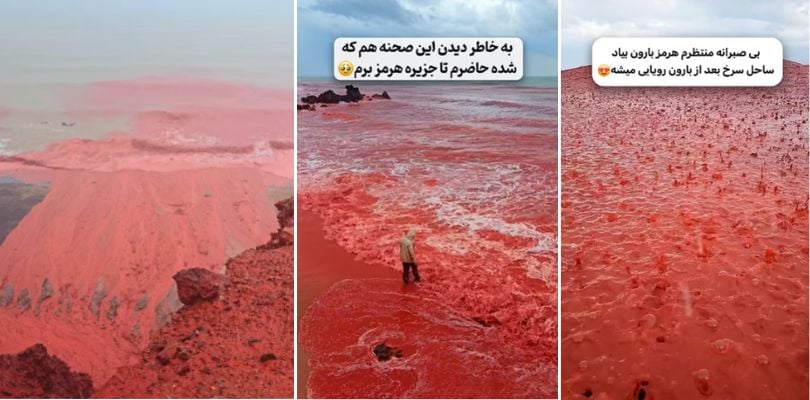 Vídeo mostra chuva ‘sangrando’ em uma ilha com praia de areia vermelha no Irã