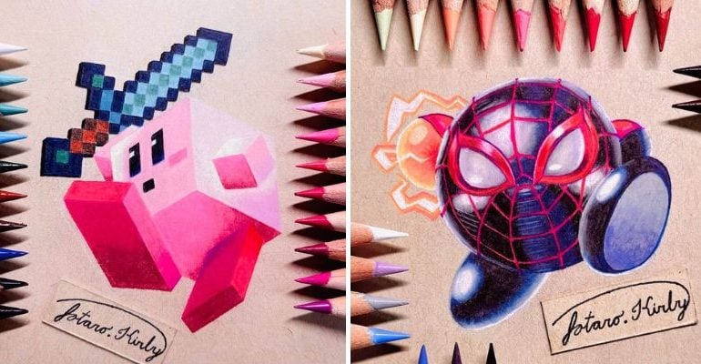 Ilustrações de Kirby feitas a lápis de cor trazem personagem da Nintendo em diversos skins