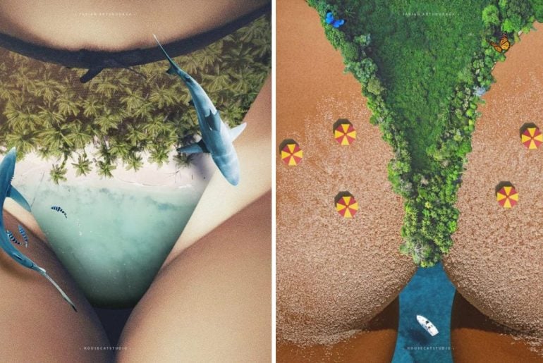Corpos femininos em colagens, pelo artista Fabian Artunduaga
