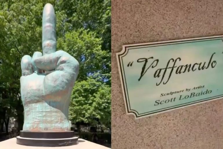 Escultura de “dedo do meio” em frente à prefeitura de Nova York viraliza e provoca debate político
